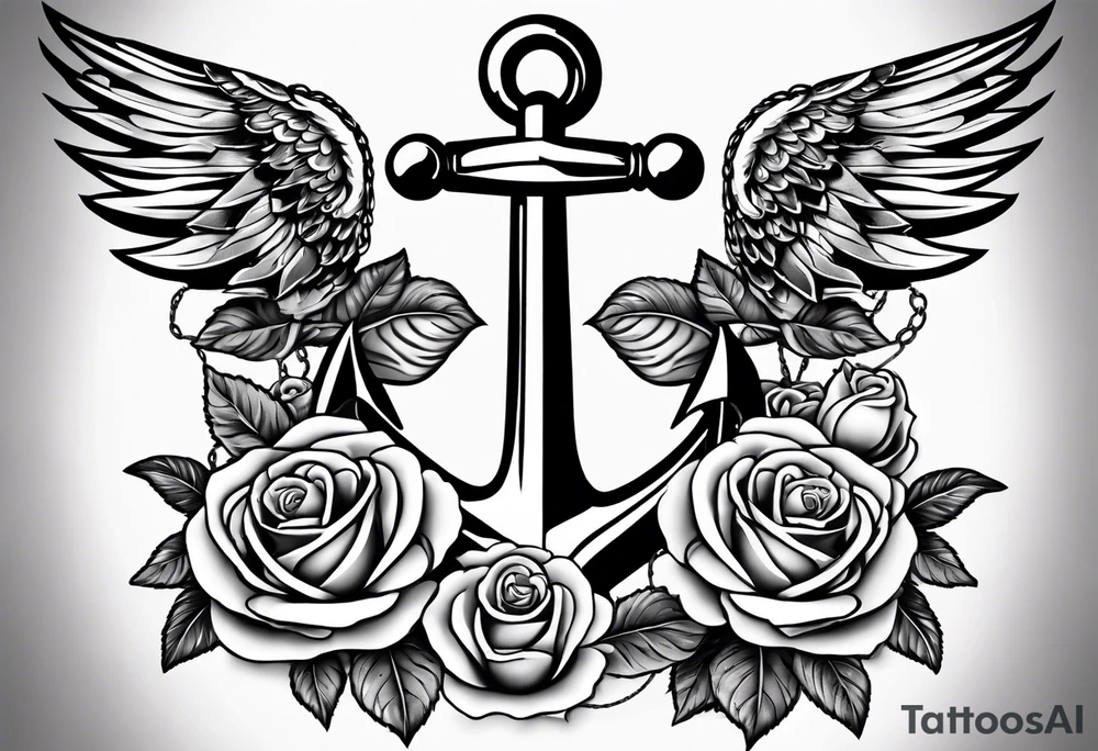 An anchor with a large S through the anchor. Angle wings on the left and right side. Roses below the anchor. Waves in the back ground tattoo idea