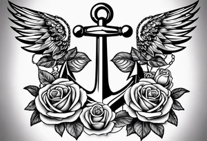 An anchor with a large S through the anchor. Angle wings on the left and right side. Roses below the anchor. Waves in the back ground tattoo idea