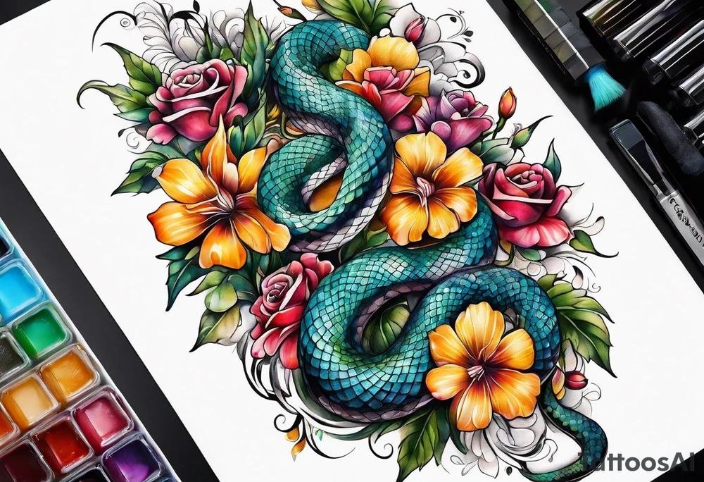 Spine tattoo, snake and flowers tattoo idea
