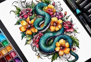 Spine tattoo, snake and flowers tattoo idea