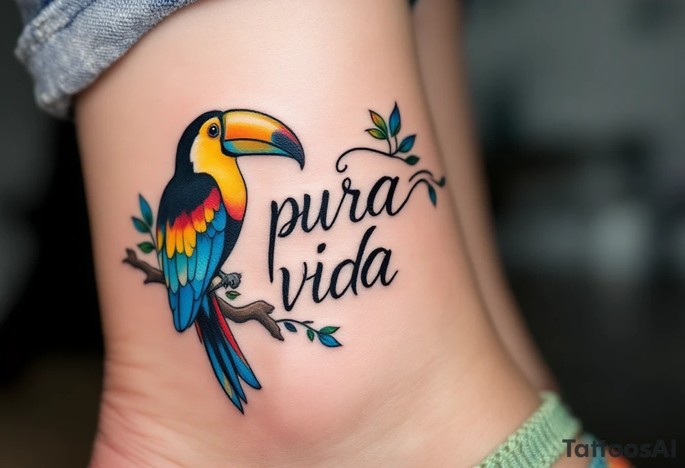 Calligraphic “Pura Vida” framed by a colorful toucan with vibrant yellow, red, and deep blue feathers. tattoo idea