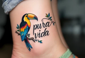 Calligraphic “Pura Vida” framed by a colorful toucan with vibrant yellow, red, and deep blue feathers. tattoo idea