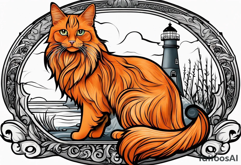 A Maine coon cat, a orange long hair cat, a shorthair black gray tattoo idea