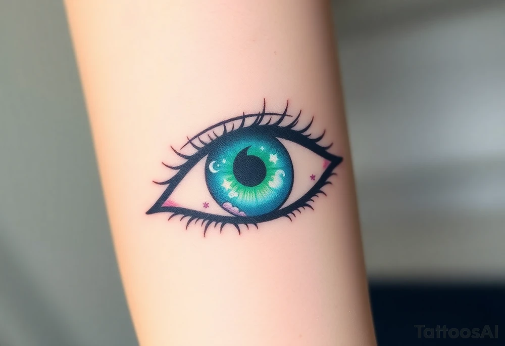 Large outline of an eye shaped like an almond with eye colored greenish blue with long pretty black eyelashes + spade eyeball inside of the eye + a crescent moon stars and clouds inside of the eyeball only + using vivid colors like blue green purple light blue light green light purple tattoo idea