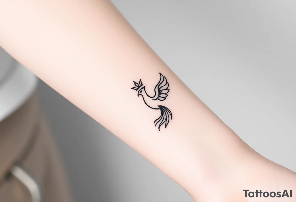 Minimal phoenix and crown fine lines tattoo idea