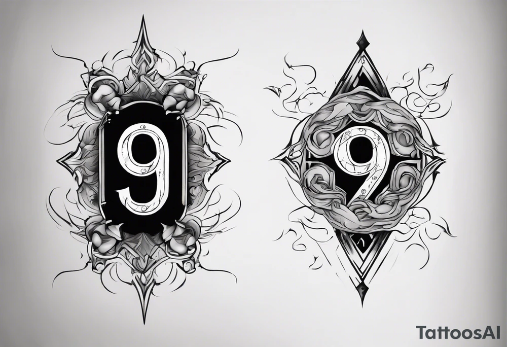 number 9 right side up and upside down connected tattoo black and grey on inside forearm 9:16 aspect ratio tattoo idea