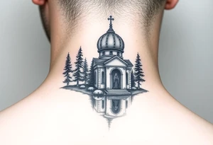 medium sized russian orthodox dome church with a separated virgin mary praying beside a lake and pine trees on the sized of my neck tattoo idea