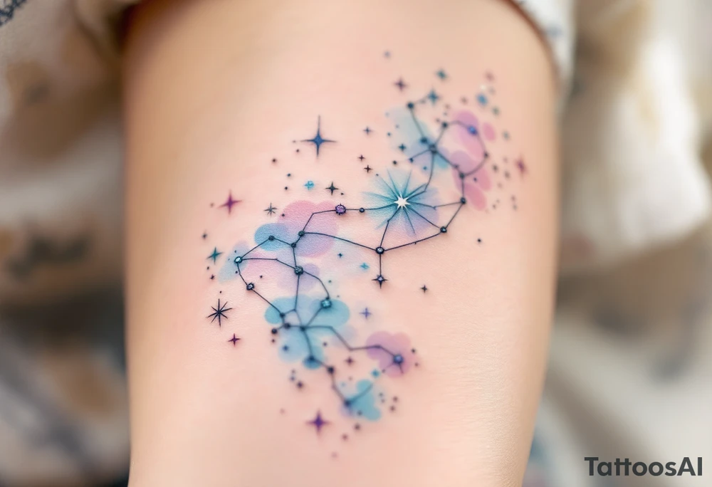A subtle Aries star constellation map in pastel blues and pinks celebrates the zodiac sign’s cosmic connection with a soft elegance. tattoo idea