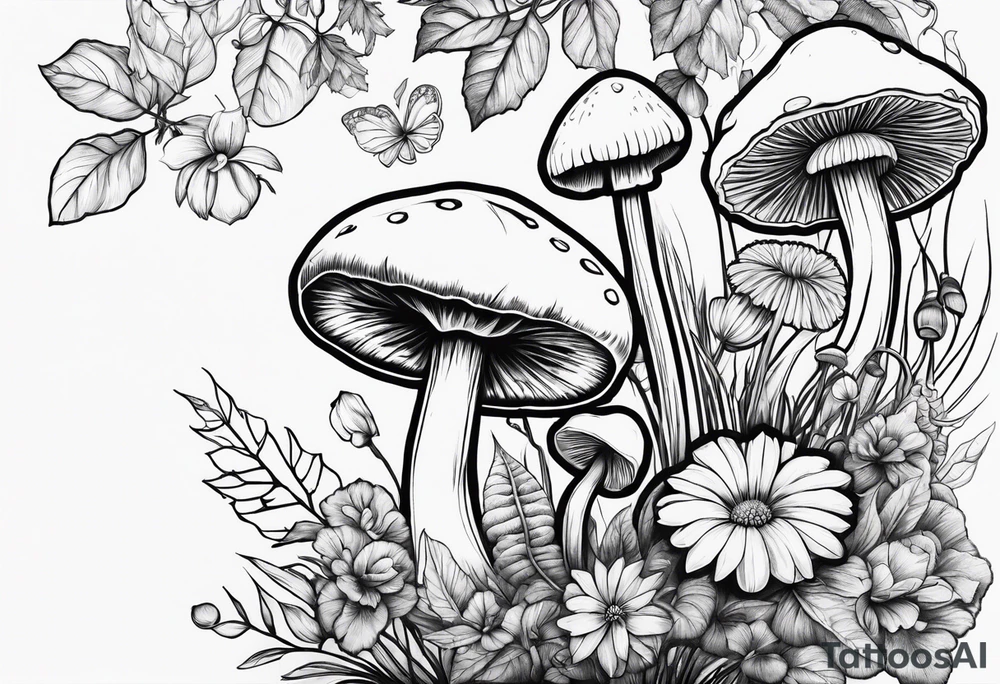 Flowers and mushroom and weeds tattoo idea