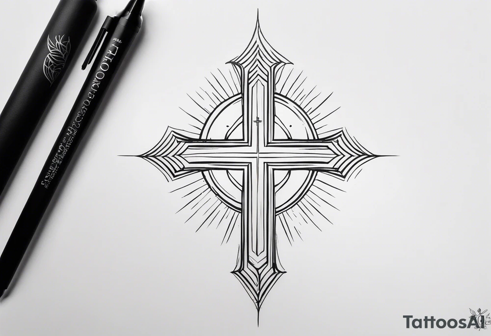 Tattoo: A refined cross with a soft halo on top of it, symbolizing light and spirituality. Delicate rays extend outward from the halo, adding a subtle glow and depth. The cross itself is simple and elegant, with potential for small, intricate line details within the design. tattoo idea