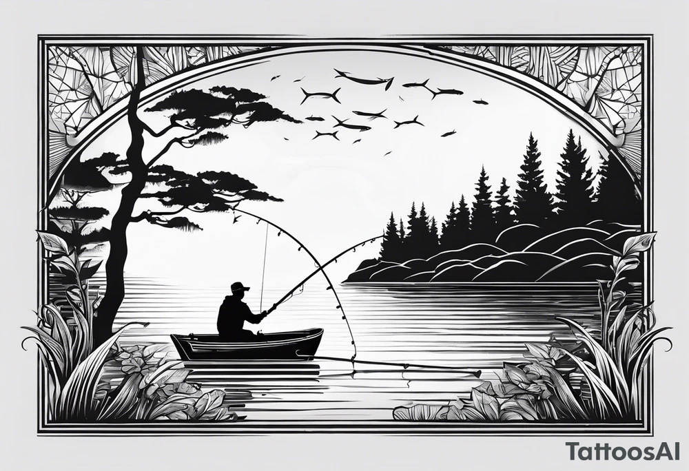 Fishing rod on a lake bank
do not put a fish in the picture fine line silhouette tattoo idea