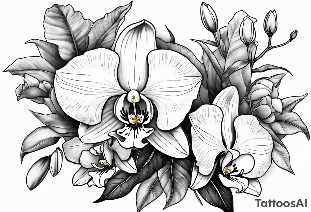 Orquídea e Bougainvillea delicadas e com pouca sombra tattoo idea