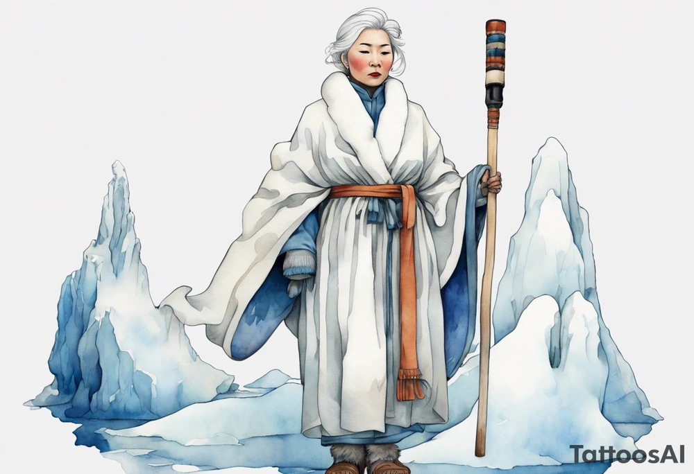 a 40 year old Inuit woman with white hair and a white robe and white mittens and blue mukluks holding a plain white staff, standing on an iceberg tattoo idea