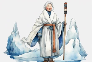 a 40 year old Inuit woman with white hair and a white robe and white mittens and blue mukluks holding a plain white staff, standing on an iceberg tattoo idea