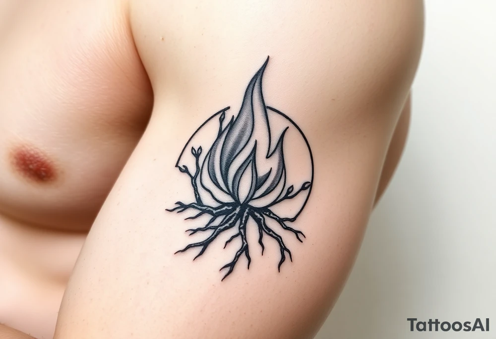 flame in a roots circle, with little sprouts on the outer circle tattoo idea