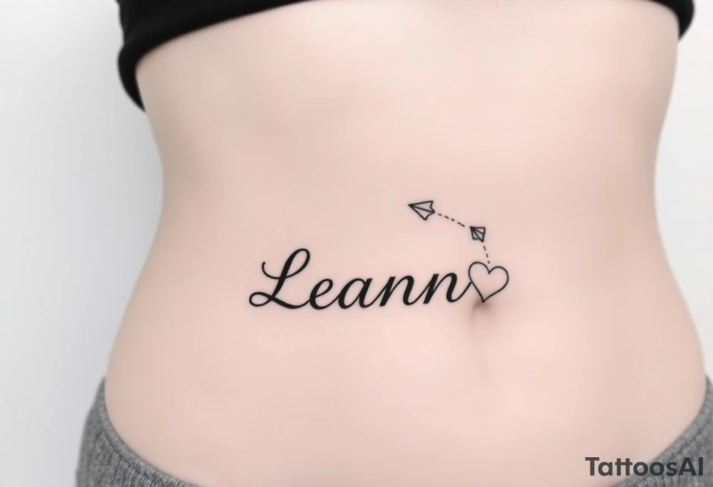 The name Leann going down ribs with heart and paper planes tattoo idea