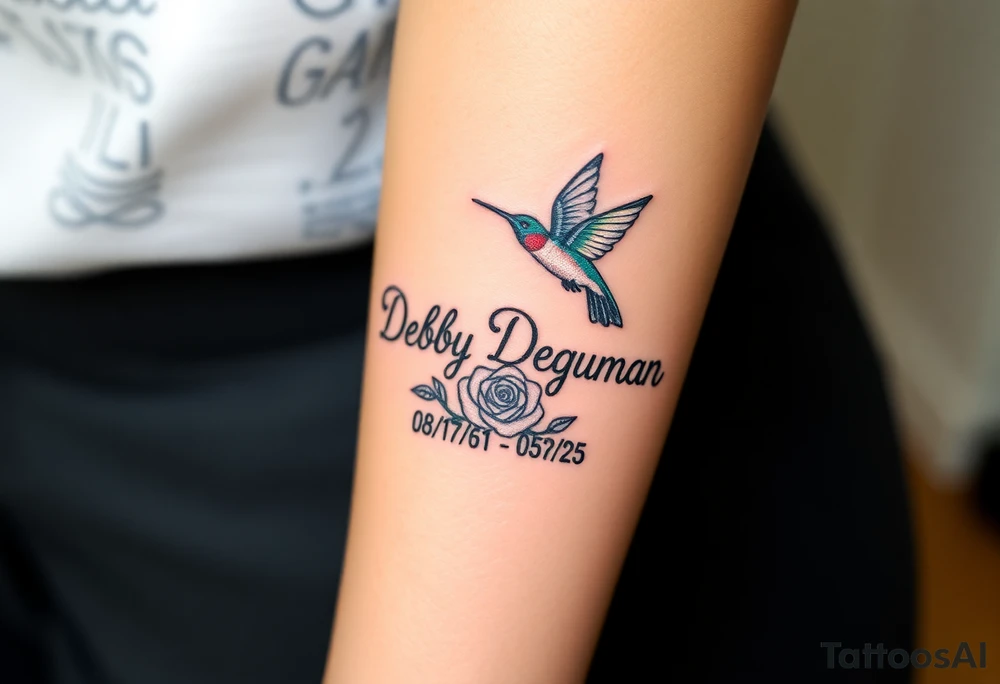 Cursive name Debby Deguzman surrounded by a hummingbird a rose and these dates 08/17/61 - 05/29/25 tattoo idea