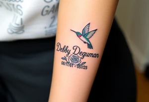 Cursive name Debby Deguzman surrounded by a hummingbird a rose and these dates 08/17/61 - 05/29/25 tattoo idea