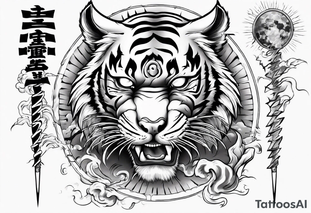 tiger warrior with lightning and the sun for a forearm sleeve tattoo idea