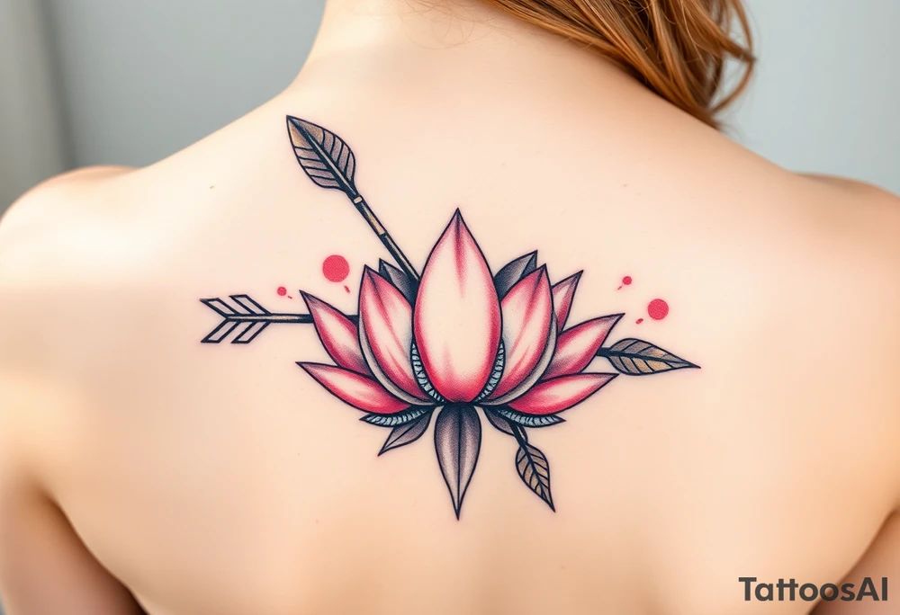 A Sagittarius arrow wrapped in blooming lotus flowers, symbolizing spiritual growth, in soft pink and gold tattoo idea