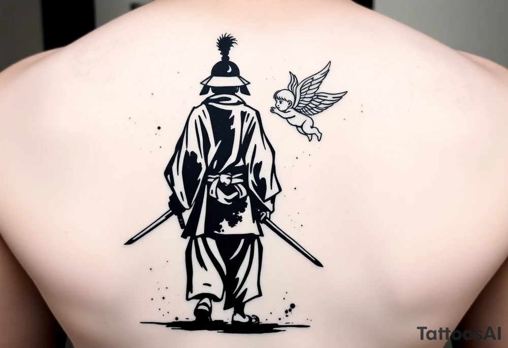 "Blackwork tattoo sketch of a lone samurai walking forward, shown in dramatic silhouette style. The samurai wears traditional kimono and hakama, holding a katana in one hand with the blade pointing downward. Behind him floats a small child angel with detailed feathered wings, gently touching the samurai’s back with one hand, as if stopping or guiding him. Strong contrast, dynamic ink splatter, rough brush strokes, Japanese sumi-e vibe, emotional and symbolic composition, high detail linework, no background." tattoo idea