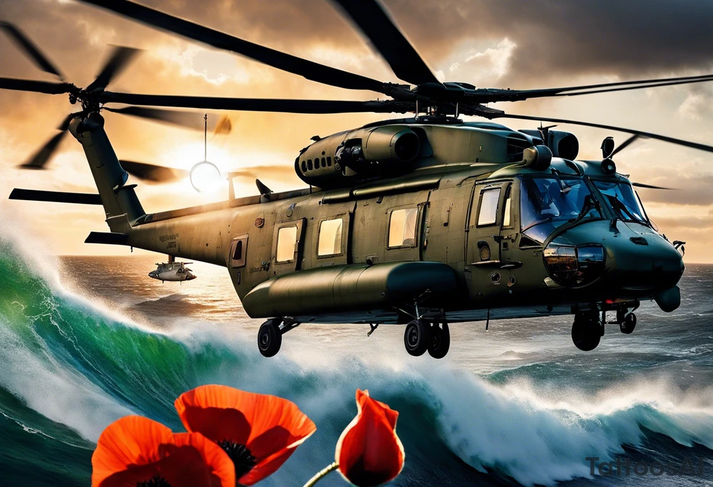 A cinematic-style tattoo depicting a Canadian military CH-148 Cyclone helicopter performing a daring maneuver over a turbulent ocean. The sky should be filled with dramatic clouds, and the sun should be setting, casting long shadows. The helicopter should be the main focus, with intricate details and a sense of motion. In the background, a poppy should be prominently displayed, and a quote from 'Lest We Forget' should be included, black and white tattoo tattoo idea