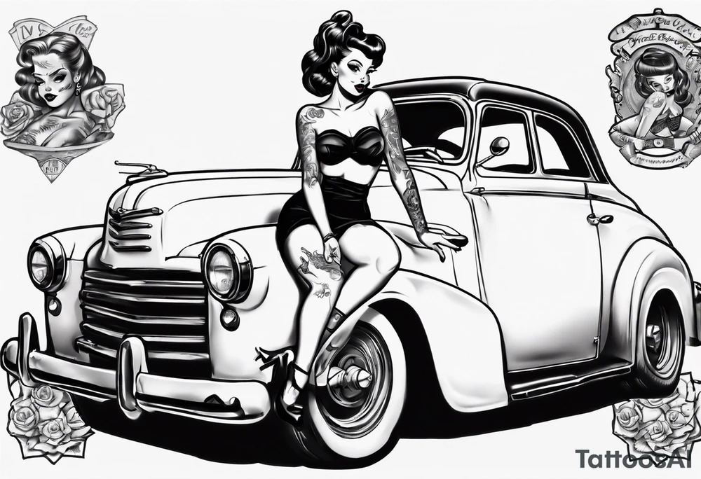 Topless pinup doll sitting on the hood of an old vintage car tattoo idea