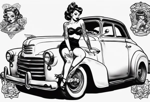 Topless pinup doll sitting on the hood of an old vintage car tattoo idea