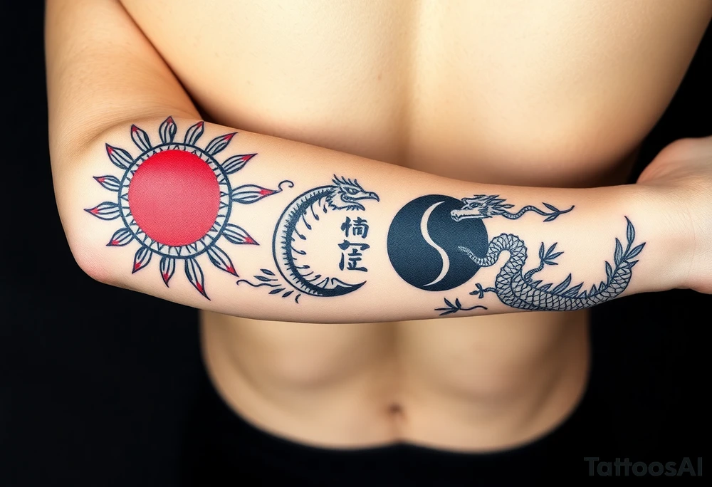 Full-wrap forearm tattoo design, intricate black and red ink. Fusion of Greek meander, neo-tribal and ancient Chinese motifs. Top half (day): Greek sun (red) with neo-tribal spikes + Chinese fenghuang bird silhouette. Bottom half (night): Greek moon (black) with yin-yang ouroboros snake + Chinese dragon scales. Hidden details: small Bagua trigrams in meander corners, Tree of Life as bamboo stalks. Seamless geometric pattern, sharp line art, no background. Cultural tattoo sleeve, balanced symmetry tattoo idea