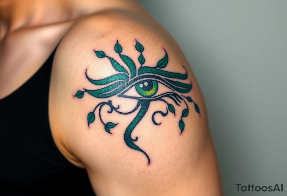A deep emerald green Eye of Horus, with vines and small leaves wrapping around, symbolizing growth and protection tattoo idea