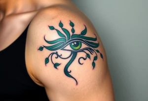 A deep emerald green Eye of Horus, with vines and small leaves wrapping around, symbolizing growth and protection tattoo idea