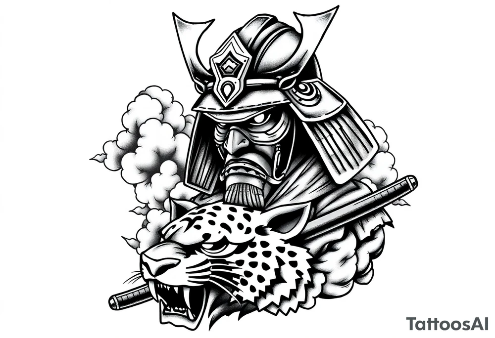 samurai warrior wearing a helmet. Some clouds around, with a tiger’s head beneath, and a samurai sword. This should be a good tattoo for forearm tattoo idea