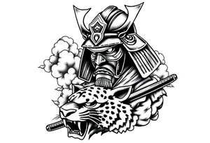 samurai warrior wearing a helmet. Some clouds around, with a tiger’s head beneath, and a samurai sword. This should be a good tattoo for forearm tattoo idea