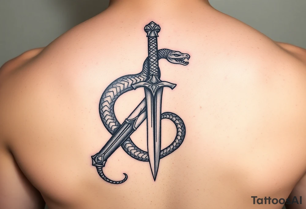 mystical snake coiled around an ancient dagger with jeweled hilt tattoo idea