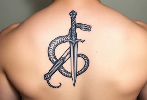 mystical snake coiled around an ancient dagger with jeweled hilt tattoo idea