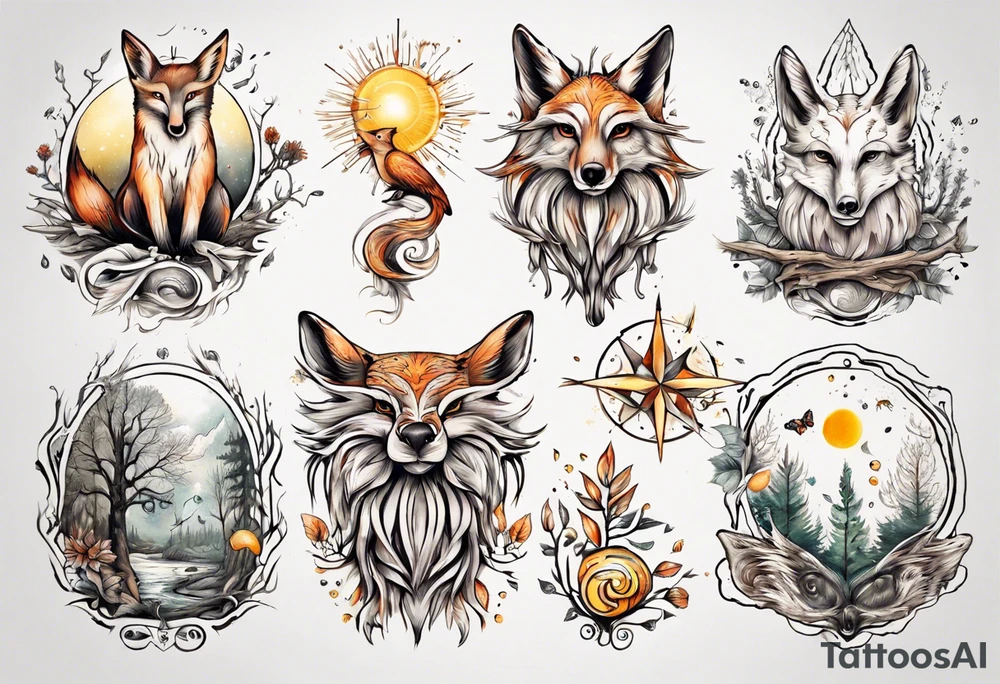 sonne, eule  wald, fuchs 
baum, sapere aude, Wasser, fisch tattoo idea