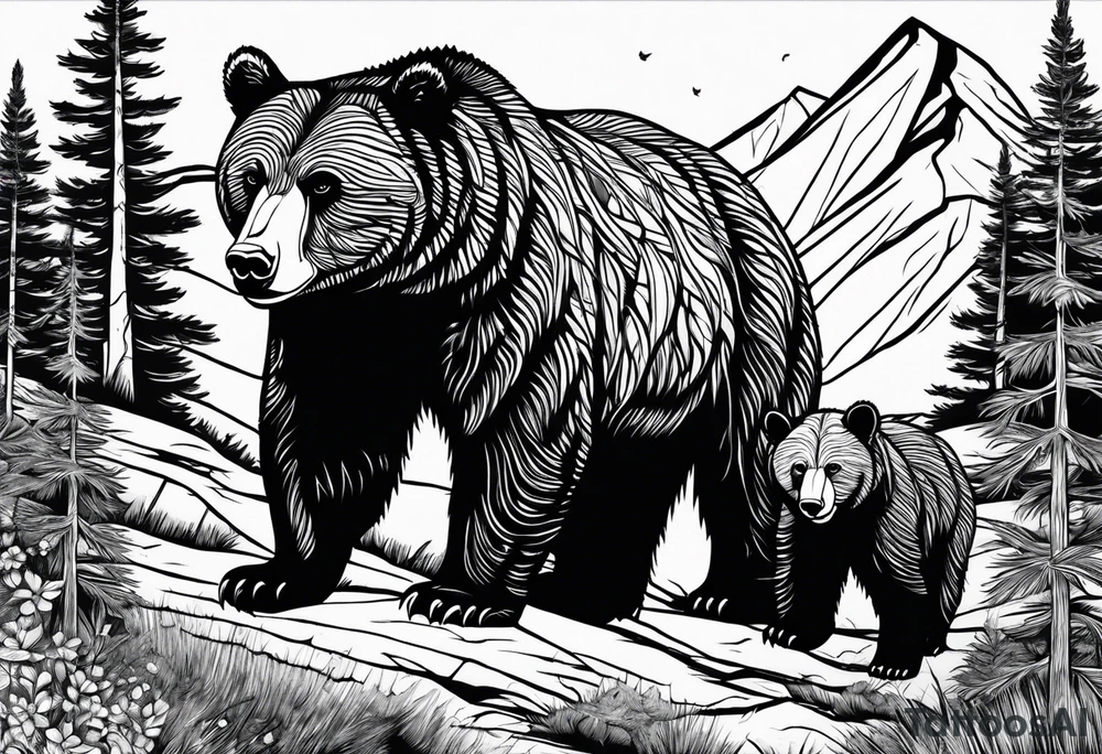 mamma bear and cub with mountains tattoo idea