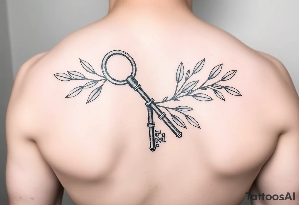 A metal key wrapped in olive leaves tattoo idea