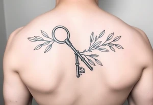 A metal key wrapped in olive leaves tattoo idea