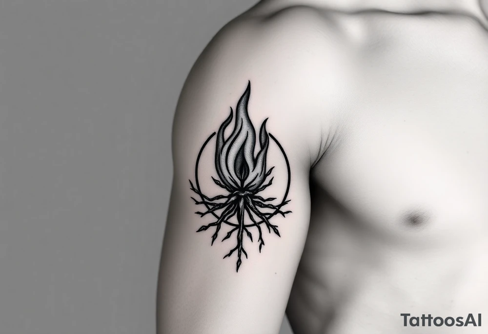 flame in a blooming roots circle tattoo idea