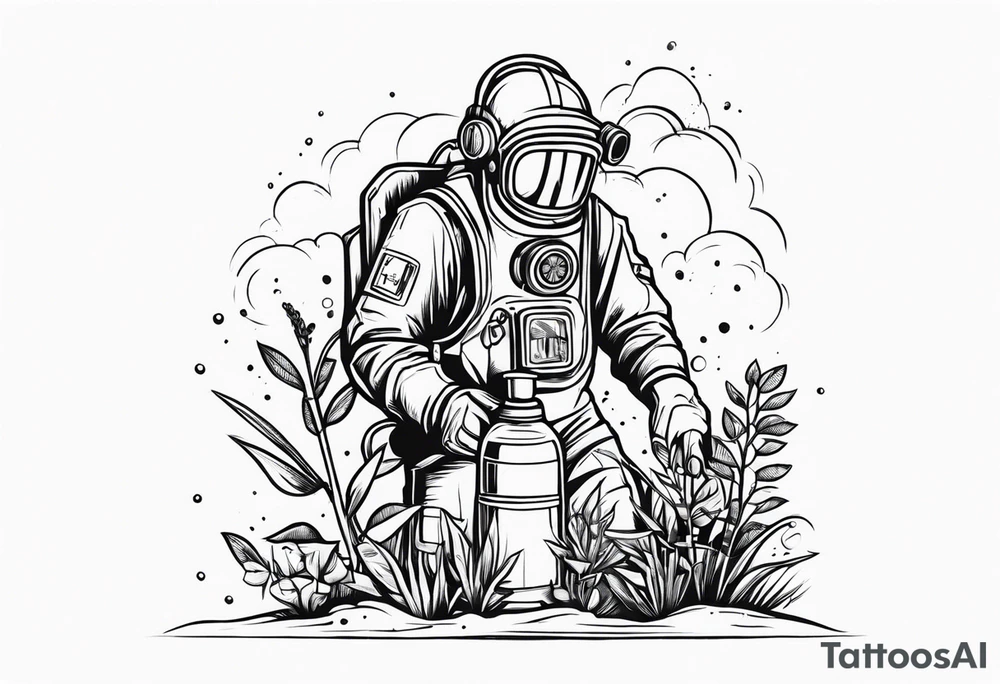 chernobyl radiation suit with cleaning tank spraying a plant tattoo idea