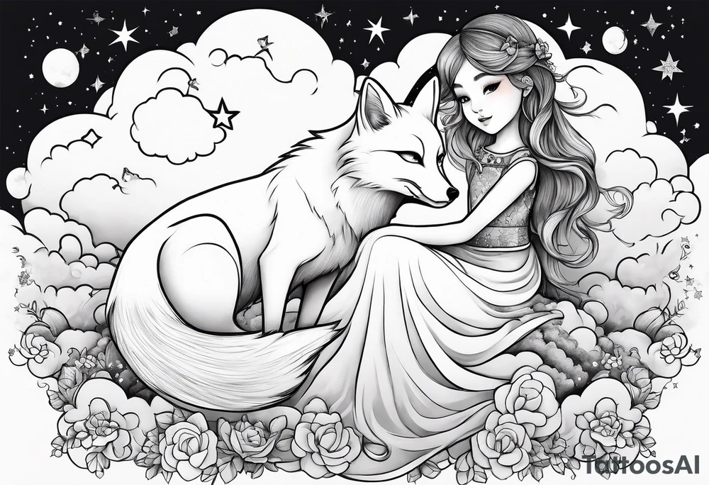 little girl with a fox sit on  a cloud and look at the stars tattoo idea