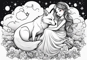 little girl with a fox sit on  a cloud and look at the stars tattoo idea