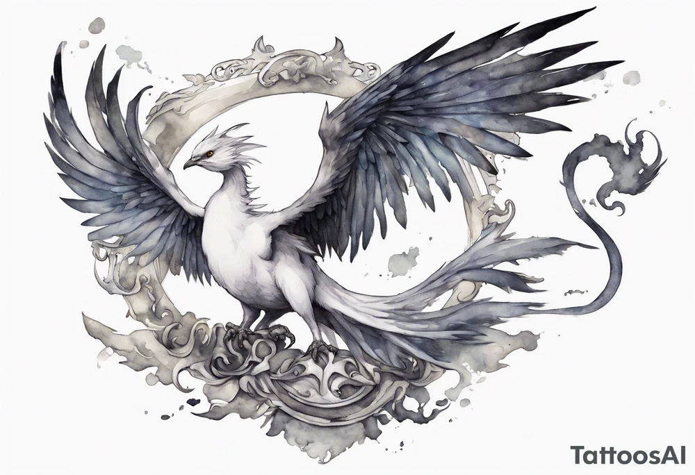 a white bird-wyrm hybrid, wearing a pewter crown on its head, flying in the air tattoo idea