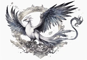 a white bird-wyrm hybrid, wearing a pewter crown on its head, flying in the air tattoo idea