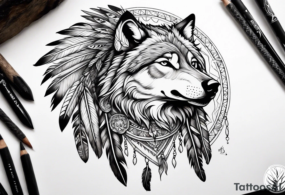 indian, wolf, feathers, water, nature tattoo idea