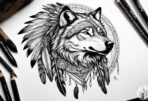 indian, wolf, feathers, water, nature tattoo idea