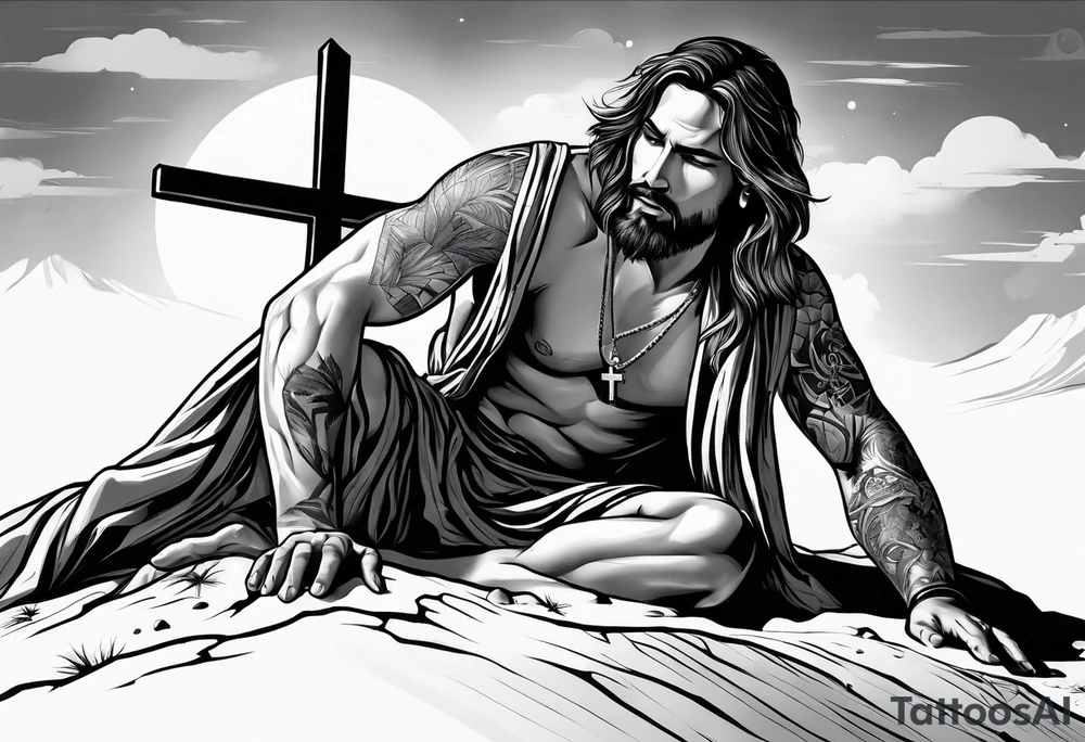 man crawling in a desert reaching to the cross of Christ tattoo idea