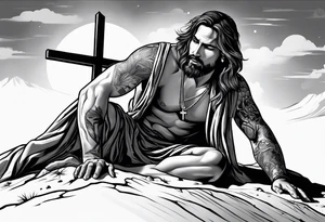 man crawling in a desert reaching to the cross of Christ tattoo idea