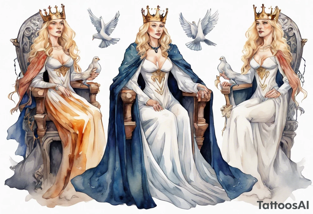 a 40-year-old medieval queen with blonde hair wearing a white fur cloak sitting on a throne with a dove on her shoulder tattoo idea